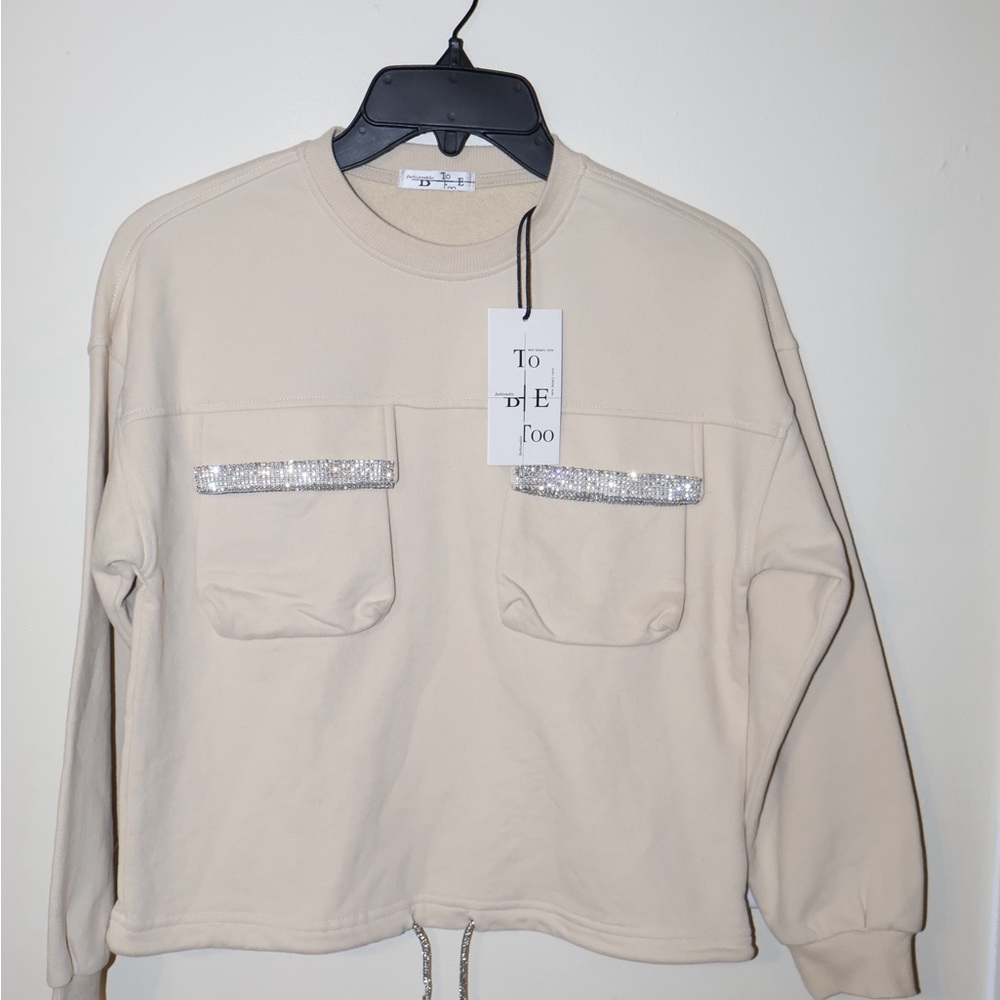 Elegant Beige Crewneck Sweater with Silver Accents